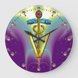 GOLDEN CADUCEUS VETERINARY SYMBOL / Purple Teal Large Clock