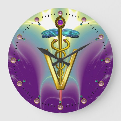 GOLDEN CADUCEUS VETERINARY SYMBOL  Purple Teal Large Clock