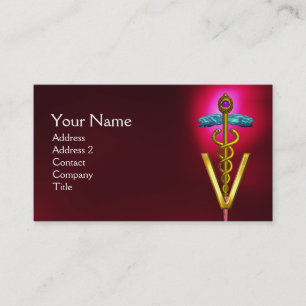 GOLDEN CADUCEUS VETERINARY SYMBOL / Red Burgundy Business Card