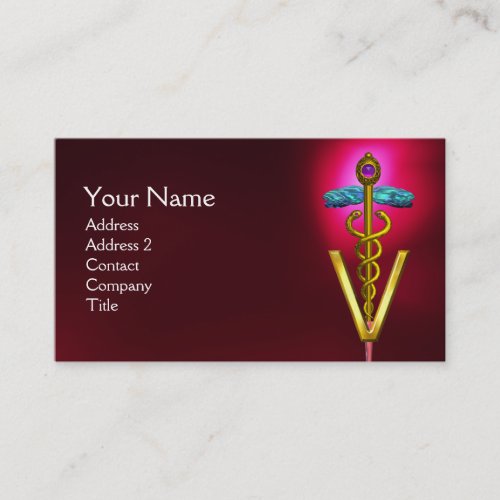 GOLDEN CADUCEUS VETERINARY SYMBOL  Red Burgundy Business Card