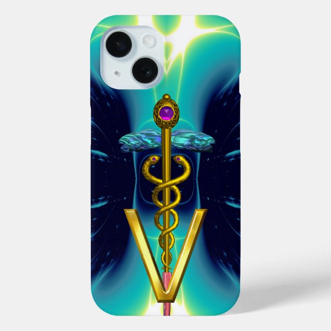 GOLDEN CADUCEUS VETERINARY SYMBOL / Teal Blue Case-Mate iPhone Case (Back)