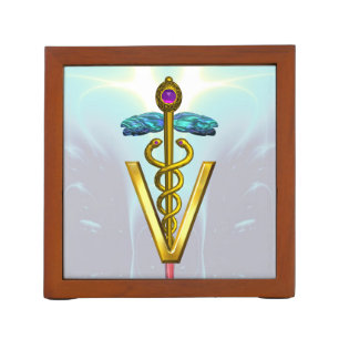 GOLDEN CADUCEUS VETERINARY SYMBOL /Teal Blue Desk Organizer