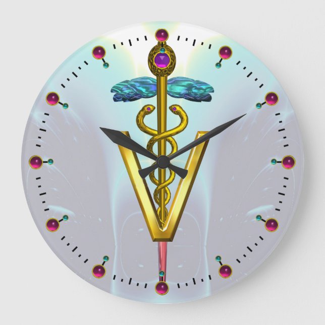 GOLDEN CADUCEUS VETERINARY SYMBOL /Teal Blue Large Clock (Front)
