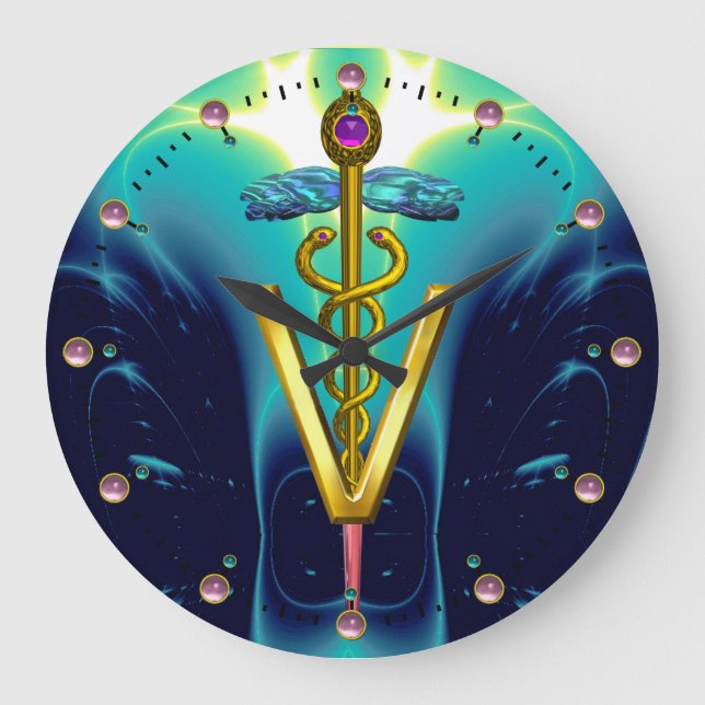 GOLDEN CADUCEUS VETERINARY SYMBOL / Teal Blue Large Clock (Front)