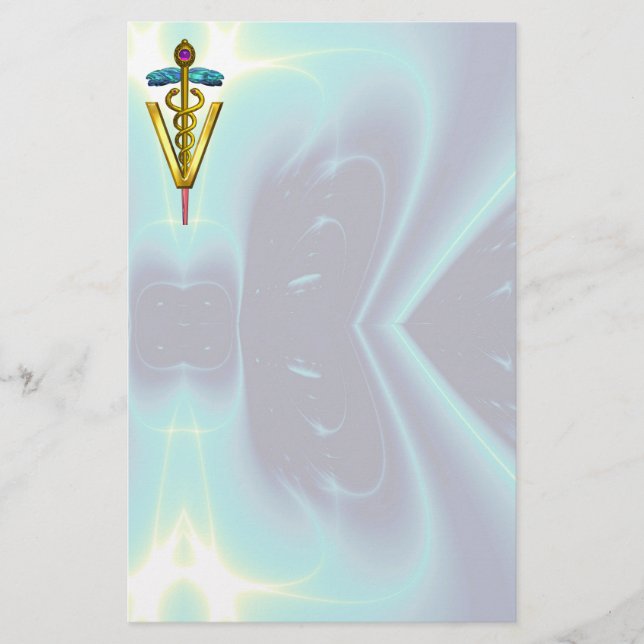 GOLDEN CADUCEUS VETERINARY SYMBOL / Teal Blue Stationery (Front)