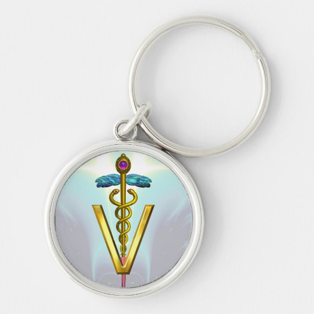 GOLDEN CADUCEUS VETERINARY SYMBOL Teal Blue White Keychain (Front)