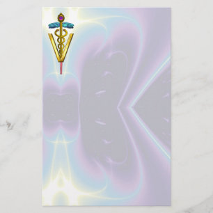 GOLDEN CADUCEUS VETERINARY SYMBOL / Teal Purple Stationery