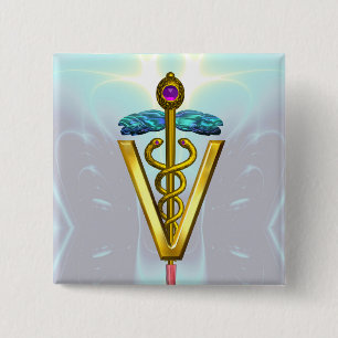 GOLDEN CADUCEUS VETERINARY SYMBOL / Teal White Button