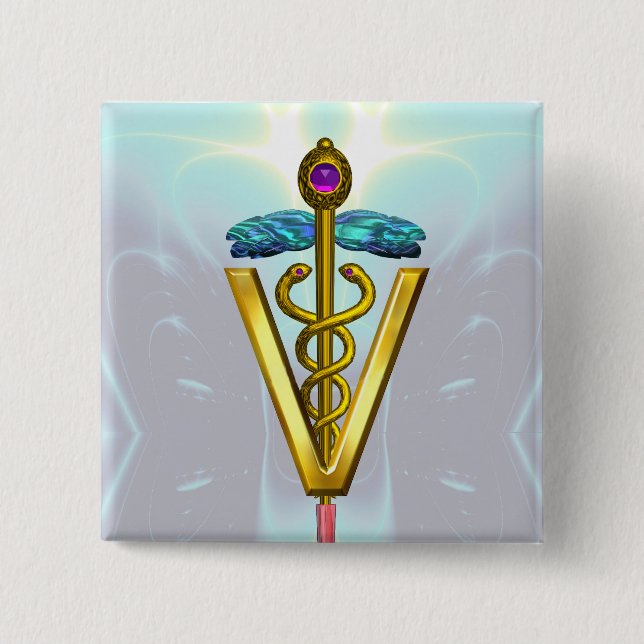 GOLDEN CADUCEUS VETERINARY SYMBOL / Teal White Button (Front)
