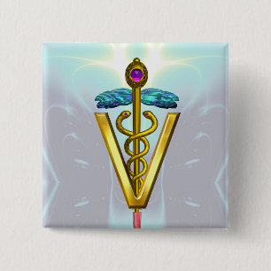 GOLDEN CADUCEUS VETERINARY SYMBOL / Teal White Button