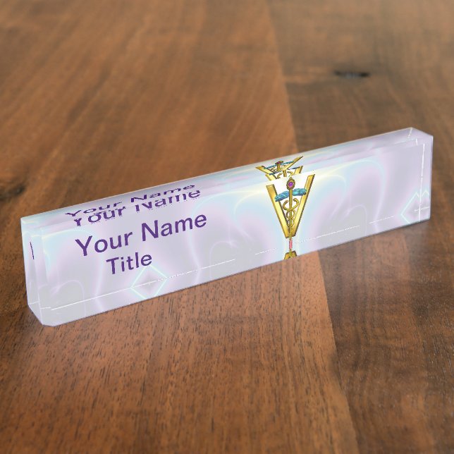 GOLDEN CADUCEUS VETERINARY SYMBOL /Teal White Name Plate (Side)