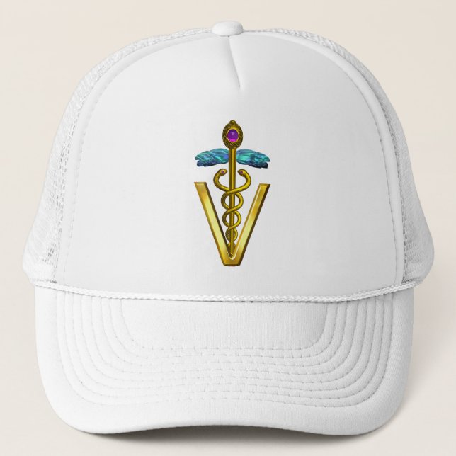 GOLDEN CADUCEUS VETERINARY SYMBOL TRUCKER HAT (Front)