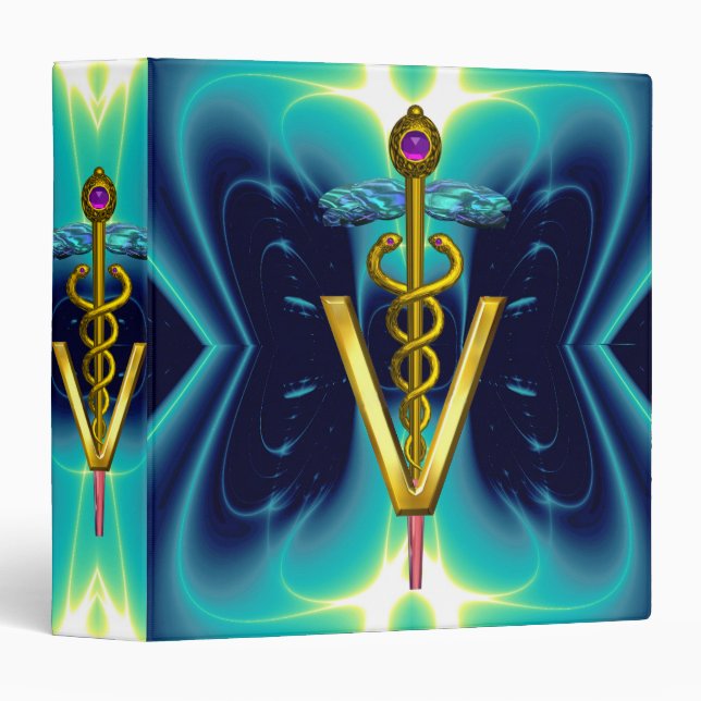 GOLDEN CADUCEUS VETERINARY SYMBOL Turquoise Blue 3 Ring Binder (Front/Spine)