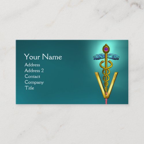 GOLDEN CADUCEUS VETERINARY SYMBOL  Turquoise Blue Business Card