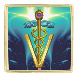 GOLDEN CADUCEUS VETERINARY SYMBOL / Turquoise Blue Gold Finish Lapel Pin