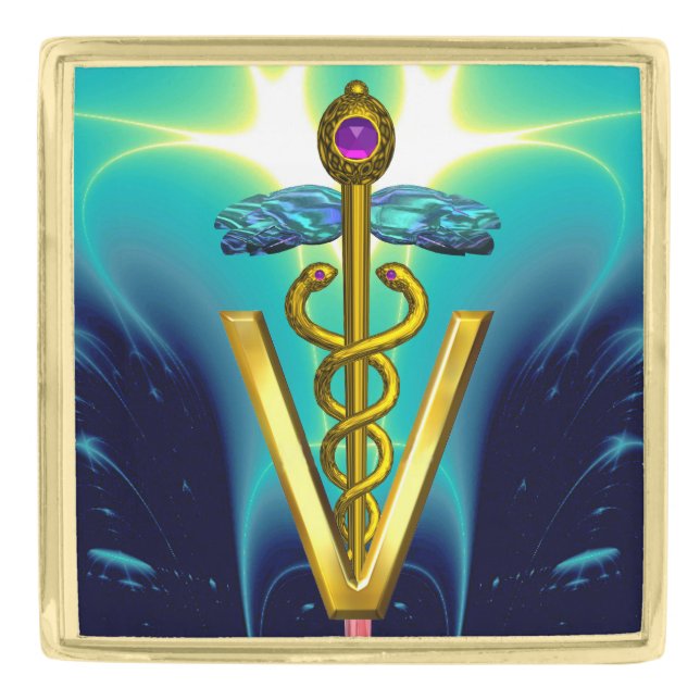 GOLDEN CADUCEUS VETERINARY SYMBOL / Turquoise Blue Gold Finish Lapel Pin (Front)