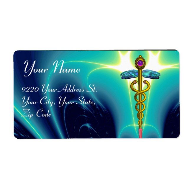 GOLDEN CADUCEUS, vibrant amethyst,aqua blue,teal Label (Front)