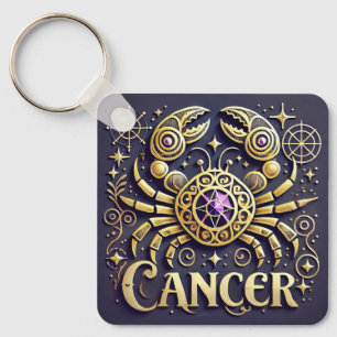 Golden Cancer Zodiac Symbol on Dark Background Keychain