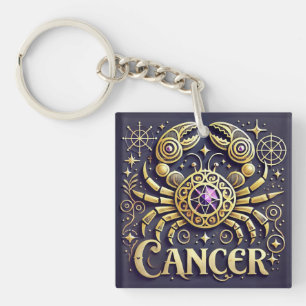 Golden Cancer Zodiac Symbol on Dark Background Keychain