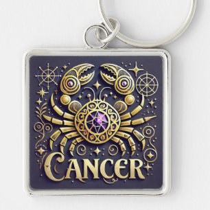 Golden Cancer Zodiac Symbol on Dark Background Keychain