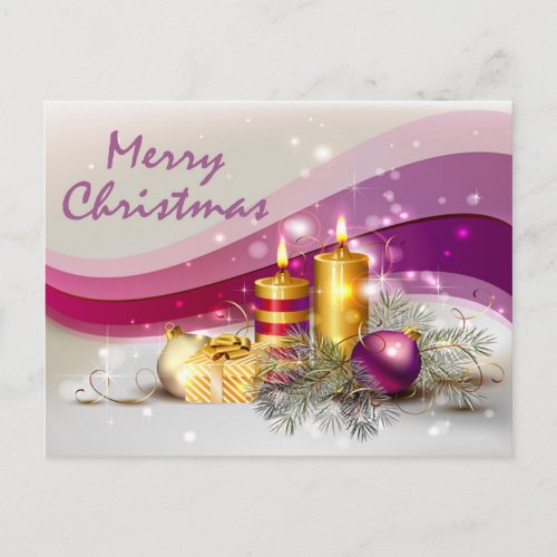 Golden Candle Christmas Balls in Purple Background Holiday Postcard