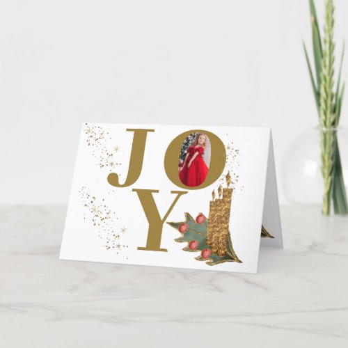 Golden Candles Holly Berries Joy Christmas Photo Holiday Card