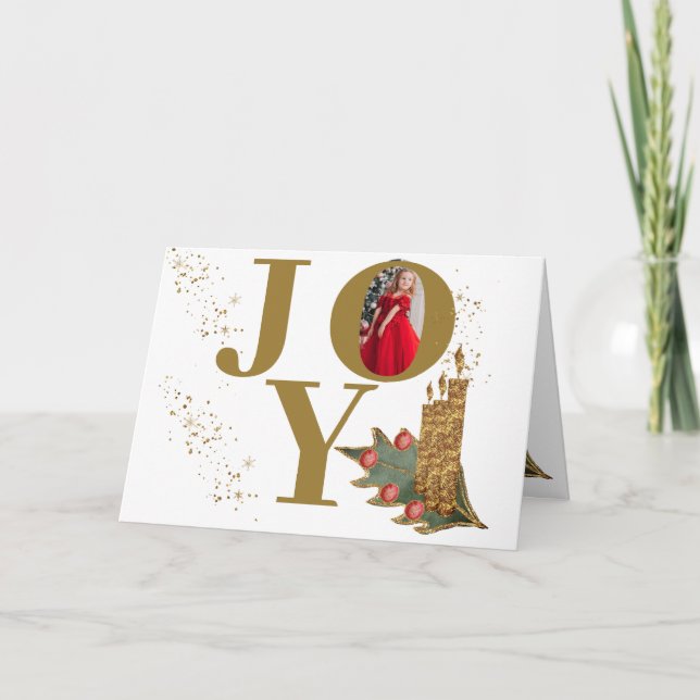 Golden Candles Holly Berries Joy Christmas Photo Holiday Card (Front)