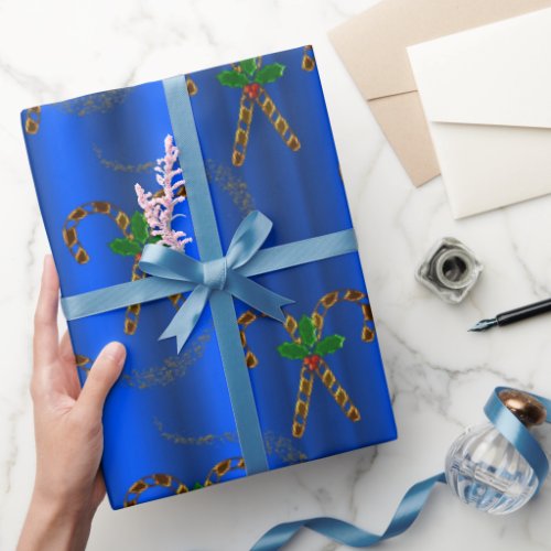 Golden Candy Canes on Blue Christmas