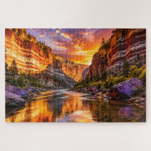 Golden Canyon Reflections | Dramatic Sunset River  Jigsaw Puzzle