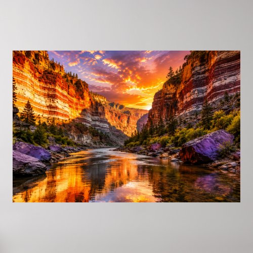 Golden Canyon Reflections | Dramatic Sunset River Poster