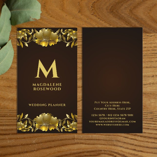 Golden Carved Flowers Frame | Name Initial Business Card (Creator Uploaded)