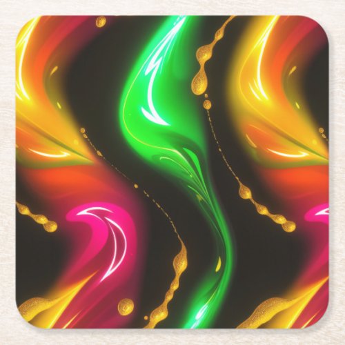 Golden Cascade Abstract Glowing Liquid Neon Patte Square Paper Coaster