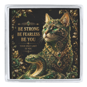 Golden Cat Green Eyes Elegant Art Silver Finish Lapel Pin