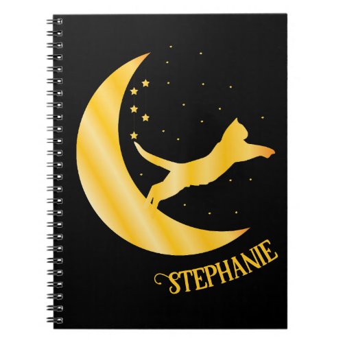 Golden Cat Jumping Off Moon On Black Notebook