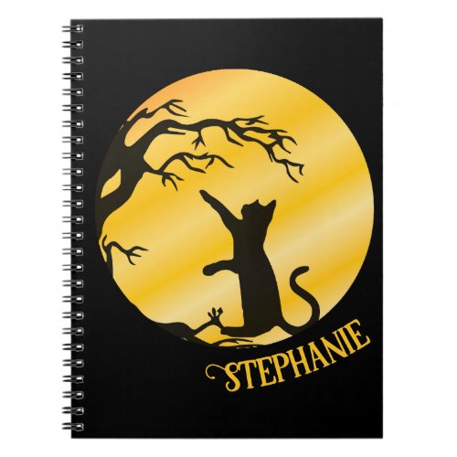 Golden Cat Playing On Moonlit Night Notebook