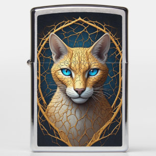 Golden Cat Portrait With Black Gold Geometric Fram Zippo Lighter