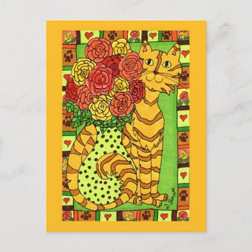 Golden Cat with Roses Postcard