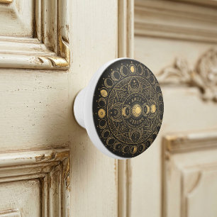 Golden Celestial Luna Phases Alchemical Harmony  Ceramic Knob