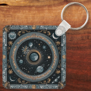 Golden Celestial Moon Orbit with Detailed Astral Keychain