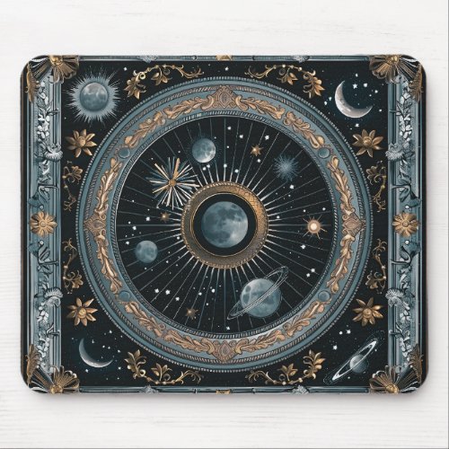 Golden Celestial Moon Orbit with Detailed Astral Mouse Pad