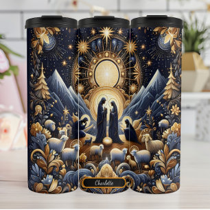 Golden Celestial Nativity Night Scene Thermal Tumbler