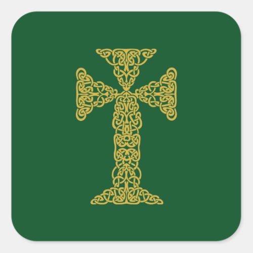 Golden Celtic Cross Irish Green Square Sticker