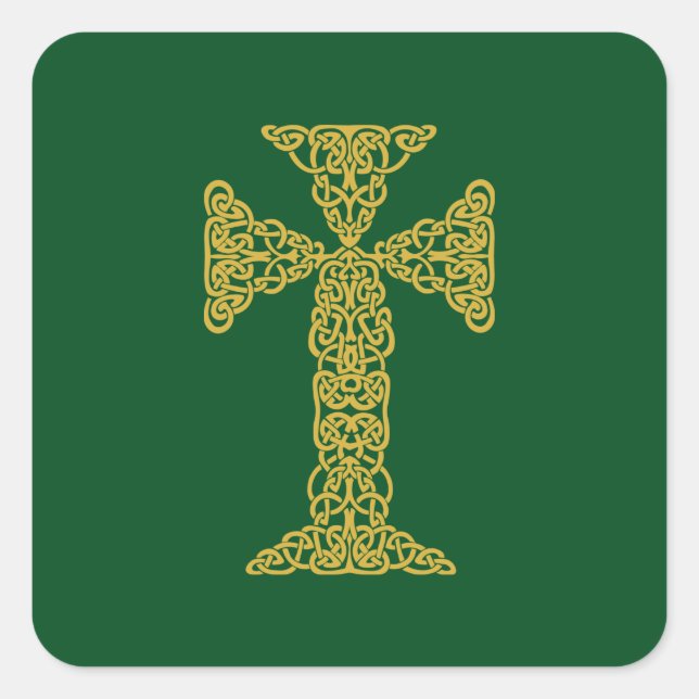 Golden Celtic Cross Irish Green Square Sticker (Front)