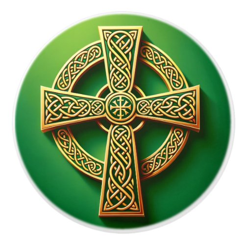 Golden Celtic Cross on Green Ceramic Knob