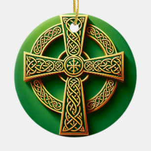 Golden Celtic Cross on Green Ceramic Ornament