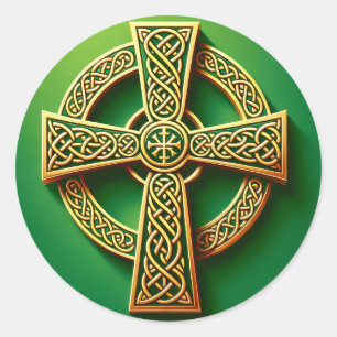 Golden Celtic Cross on Green Classic Round Sticker