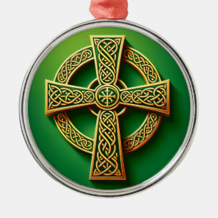 Golden Celtic Cross on Green Metal Ornament