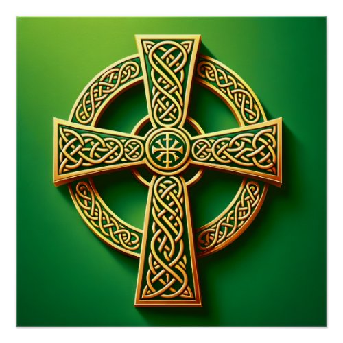 Golden Celtic Cross on Green Poster