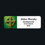 Golden Celtic Cross on Green Return Address Label<br><div class="desc">This design showcases a majestic Celtic cross in a resplendent gold color set against a vivid green background. Renowned for its distinctive circle intersecting the cross arms, the Celtic cross in this artwork is adorned with traditional Celtic knot patterns, adding depth and historical context. The metallic gold hue of the...</div>