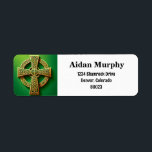 Golden Celtic Cross on Green Return Address Label<br><div class="desc">This design showcases a majestic Celtic cross in a resplendent gold color set against a vivid green background. Renowned for its distinctive circle intersecting the cross arms, the Celtic cross in this artwork is adorned with traditional Celtic knot patterns, adding depth and historical context. The metallic gold hue of the...</div>